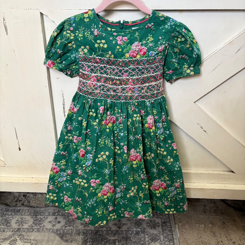 Mini Boden Green Floral Smocked Dress Puff Sleeve Cotton‎ Sz 4-5Y 110cm Heirloom